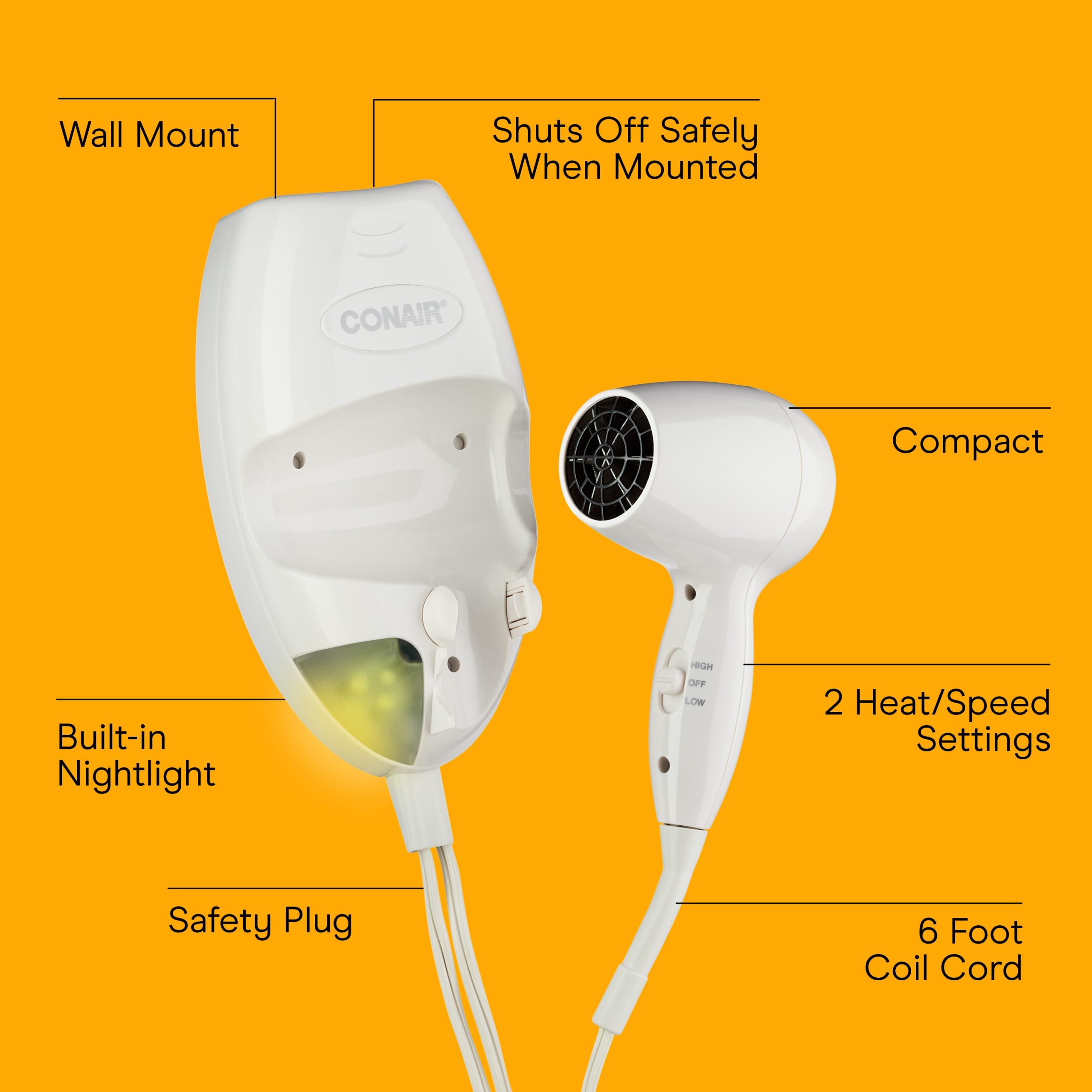 Wall-Mount Hair Dryer with LED Night Light
