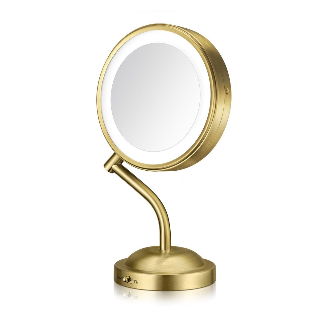 LED-Lighted 1x/5x Magnification Mirror in Brushed Brass